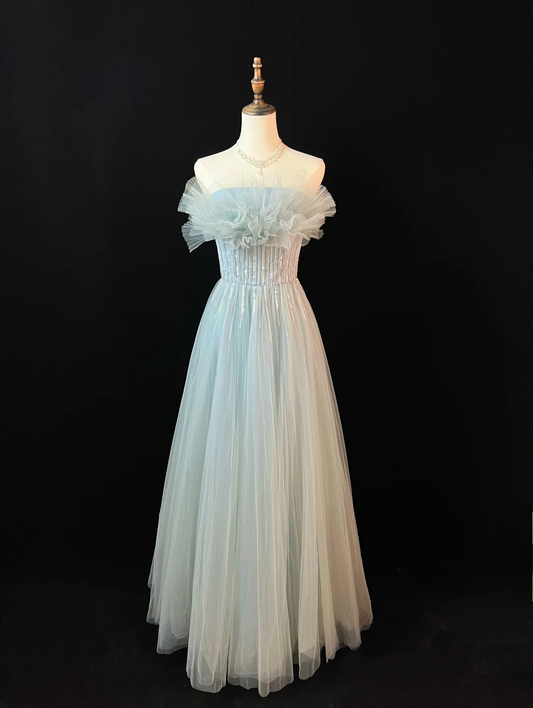 Elegante vestido de fiesta de tul azul con lentejuelas y cuentas, corte en A, vestido de noche Y8646