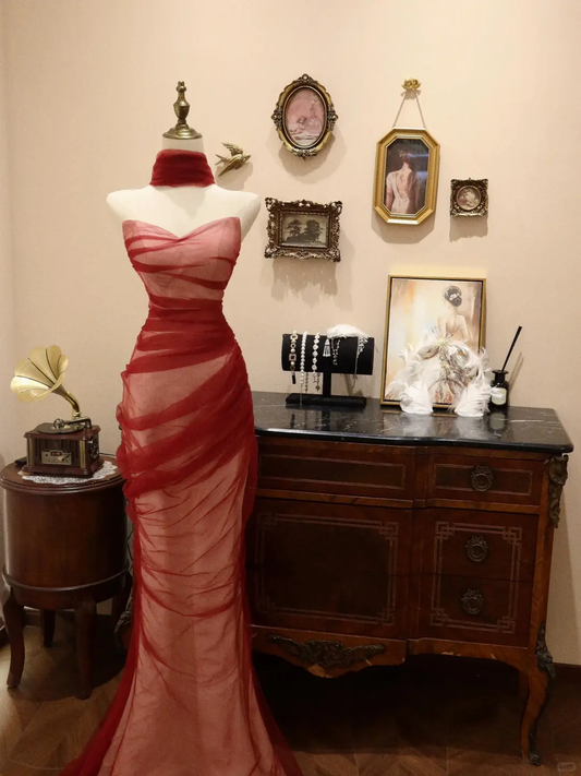 Elegante vestido de noche de sirena de tul rojo sin tirantes, vestido formal de fiesta Y8596