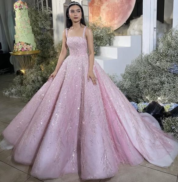 Neue Ankunft Rosa Träger Pailletten Perlen Lange Ballkleid Formale Anlass Kleider Y4918