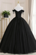 Schwarzes schulterfreies Tüll-Ballkleid mit Spitze Sweet 16 Kleid, schwarzes langes Abendkleid Y1143