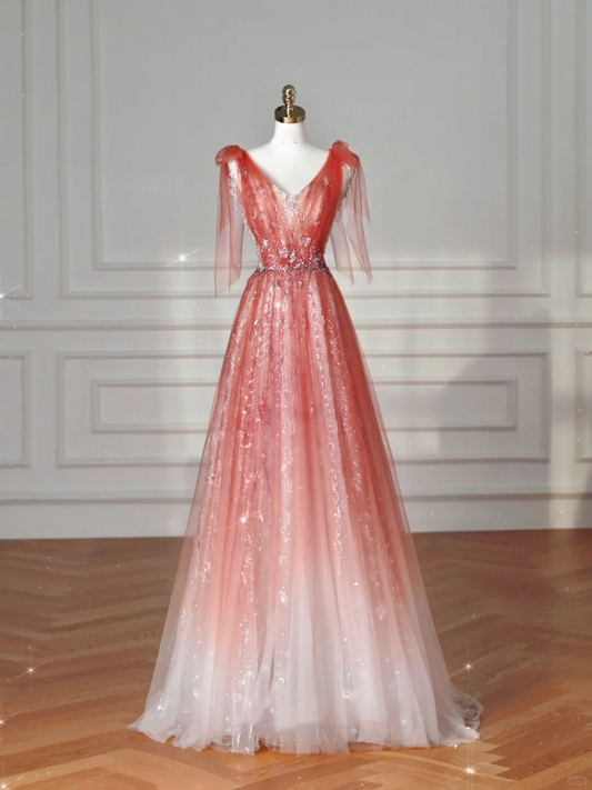 Elegante vestido de fiesta de tul con lentejuelas y escote en V, color rosa fresa, corte A, vestido de noche largo Y8614