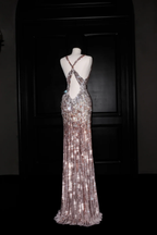 Luxury Deep V Sequin Backless Long Evening Dress Formal Prom Dress Y8683