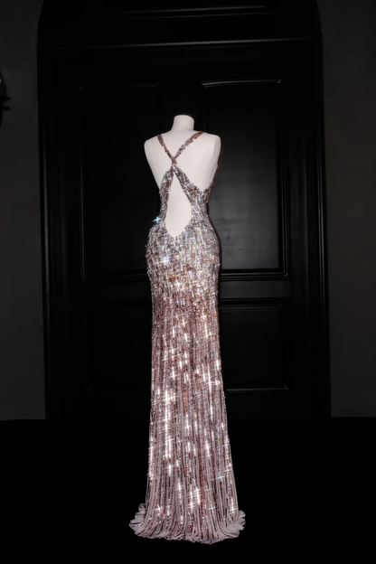 Vestido de noche largo de lujo con escote en V profundo y lentejuelas, sin espalda, vestido formal de fiesta Y8683