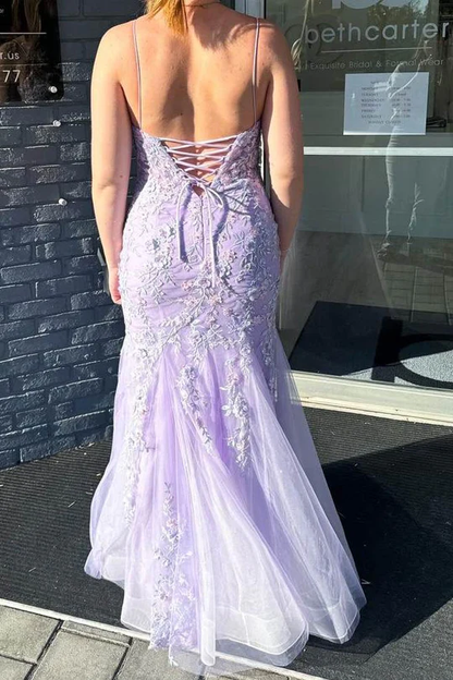 Lila Spaghettiträger Spitzenapplikationen Meerjungfrau Ballkleid Langes Abendkleid Y7933