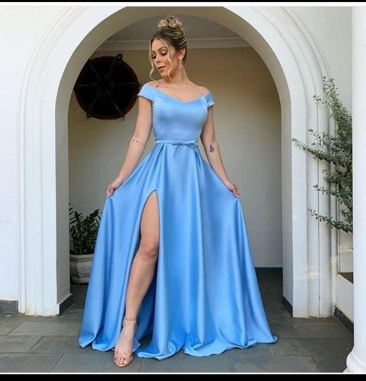 Vestido de fiesta azul clásico con hombros descubiertos Vestido de noche azul Y4881
