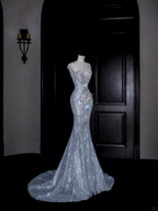 Wunderschönes Meerjungfrau Abendkleid mit Pailletten und Perlen in Blau, Tüll, Ballkleid Y8690