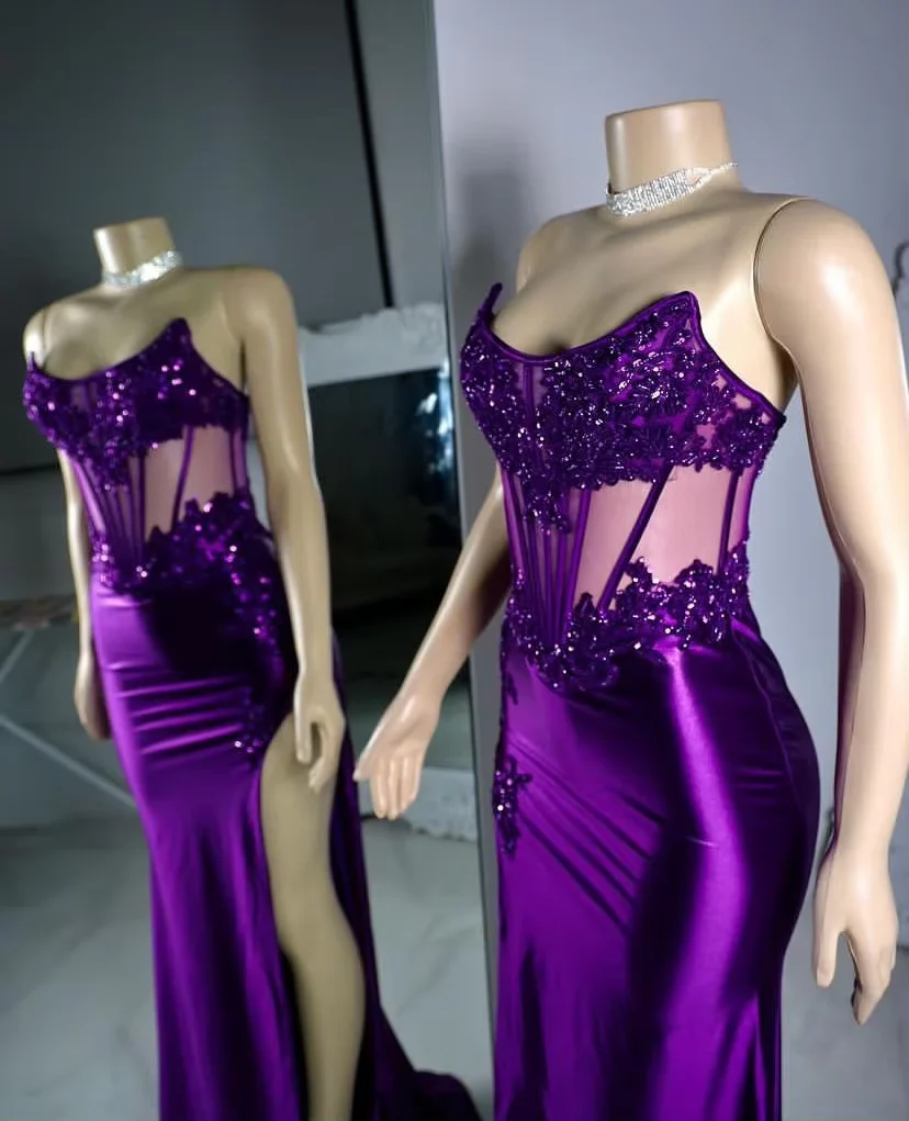 Vestido de fiesta de graduación con apliques de encaje y satén morado sin tirantes, vestido de noche sexy de corte sirena con abertura Y8121