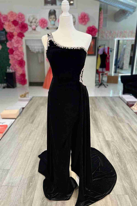 Vestido formal largo de terciopelo negro con un solo hombro y cuentas, vestido de noche sexy Y1791