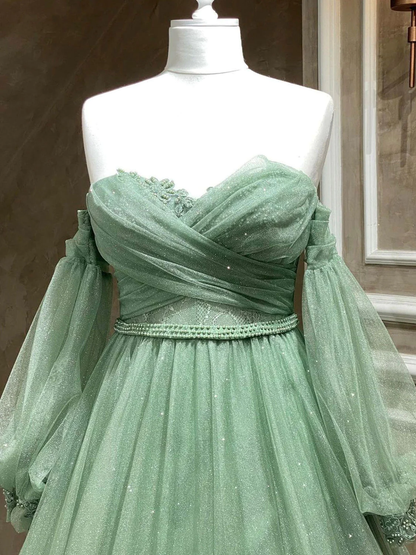 A-Linie Herzausschnitt Tüll Grün Langes Ballkleid, Grünes Abendkleid Y3033