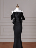 Elegante vestido de noche de sirena con tirantes finos de satén negro y hombros descubiertos, vestido de fiesta Y8641