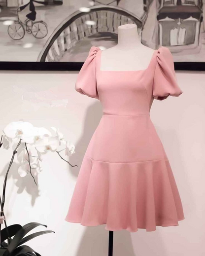 Retro Rosa A-Linie Homecoming-Kleid mit quadratischem Ausschnitt Y2887