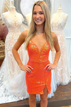 Vestido corto de fiesta con lentejuelas, cordones y abertura Y2947