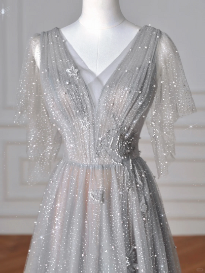 Glitzerndes graues Tüll-Pailletten-A-Linien-Ballkleid, sexy V-Ausschnitt, Abendkleid Y8638