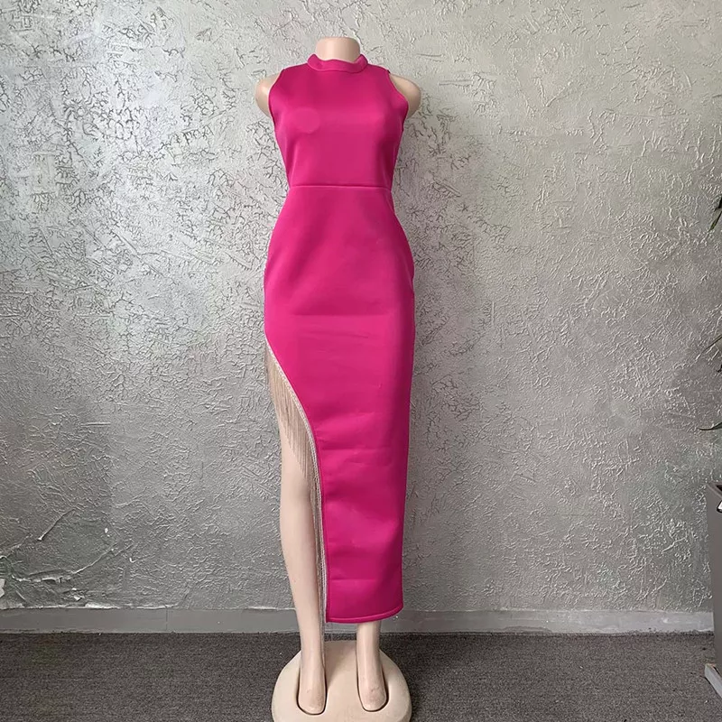 Vestido de noche largo y elegante con flecos y aberturas brillantes para mujer Y407