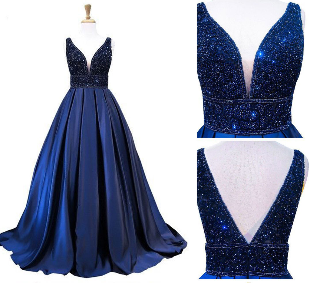 Vestido de noche largo azul marino para mujer, escote en V, sin mangas, espalda abierta, con cuentas, vestido formal de noche Y1193