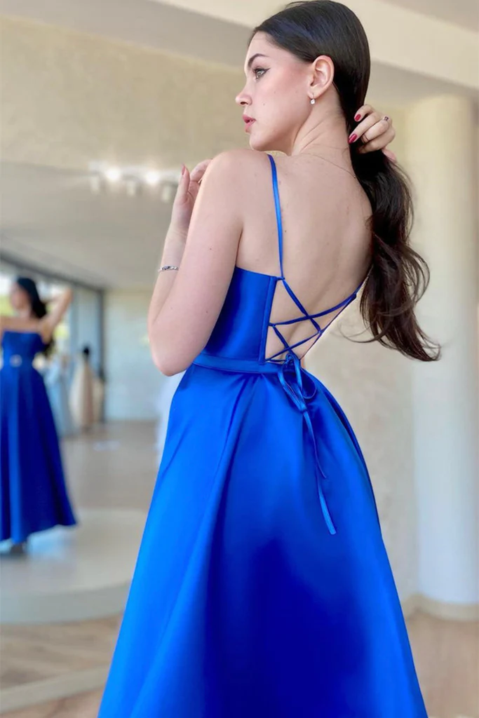 Rückenfreies, königsblaues, langes Satin-Ballkleid mit hohem Schlitz, rückenfreies, blaues, formelles Abschluss-Abendkleid Y203