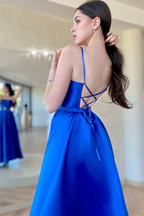 Rückenfreies, königsblaues, langes Satin-Ballkleid mit hohem Schlitz, rückenfreies, blaues, formelles Abschluss-Abendkleid Y203