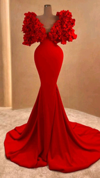 Frauen Rot Langes Abendkleid Meerjungfrau Formales Kleid Rüschen Wolke Schulter Y4932