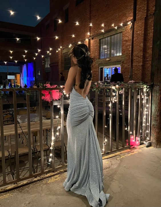 Sparkly Blue Backless Evening Dress Blue Evening Gown Y7416