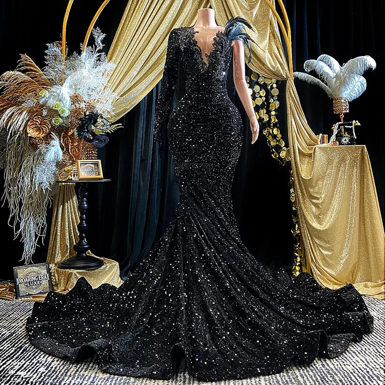 Schwarze Pailletten Strass Applikation Langarm Meerjungfrau Ballkleid Abendkleid Y8313