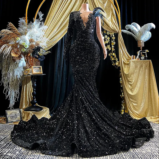 Schwarze Pailletten Strass Applikation Langarm Meerjungfrau Ballkleid Abendkleid Y8313