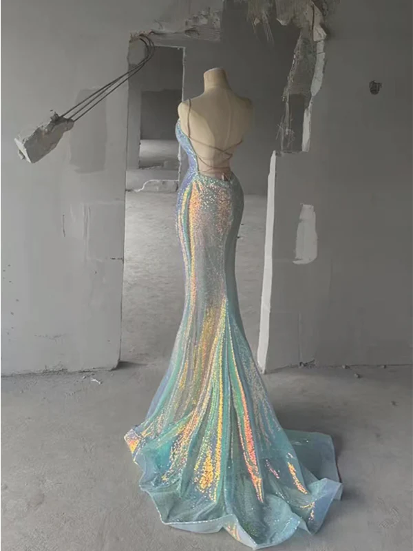 Vestidos de noche largos con tirantes finos y lentejuelas, corte sirena, escote en V y espalda descubierta, Y7804