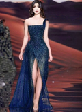 Vestido de noche azul marino de tul con lentejuelas y un hombro descubierto, vestido de fiesta largo con abertura Y8356