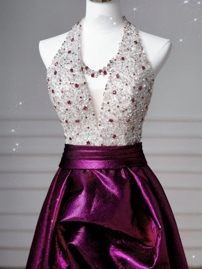 Vestido de fiesta largo de satén morado con cuello halter y cuentas, corte A, Y8609