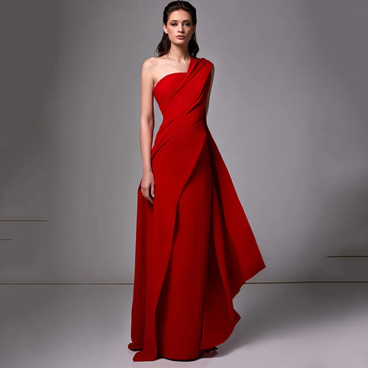 Elegant Red A-Line Evening Dresses One Shoulder Asymmetrical Neck Prom Dress Satin Floor-Length Saudi Arabia Party Gown-payinti