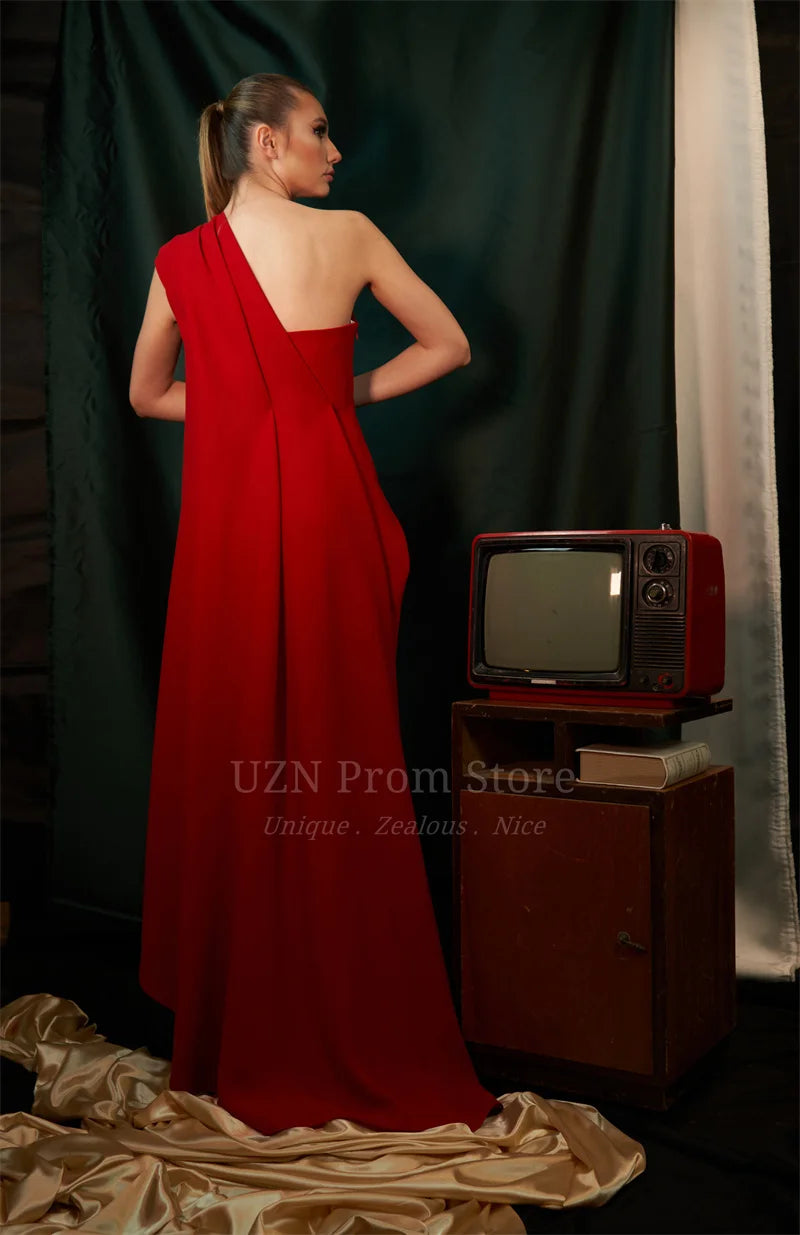 Elegant Red A-Line Evening Dresses One Shoulder Asymmetrical Neck Prom Dress Satin Floor-Length Saudi Arabia Party Gown-payinti