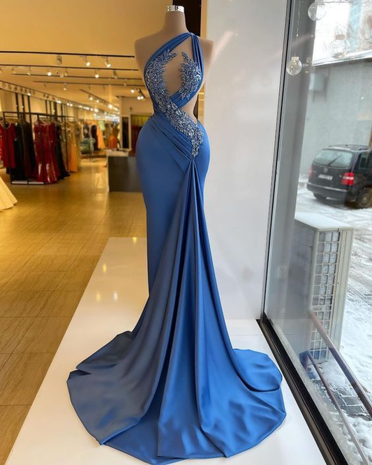Vestidos de fiesta azules, vestidos de fiesta de un solo hombro, vestidos de fiesta sexys, vestidos de fiesta de satén, vestidos de noche Y4353
