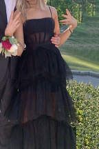 Elegante vestido de fiesta negro de tul en capas, corte A, vestido de noche largo con corsé transparente, vestido de graduación Y1765