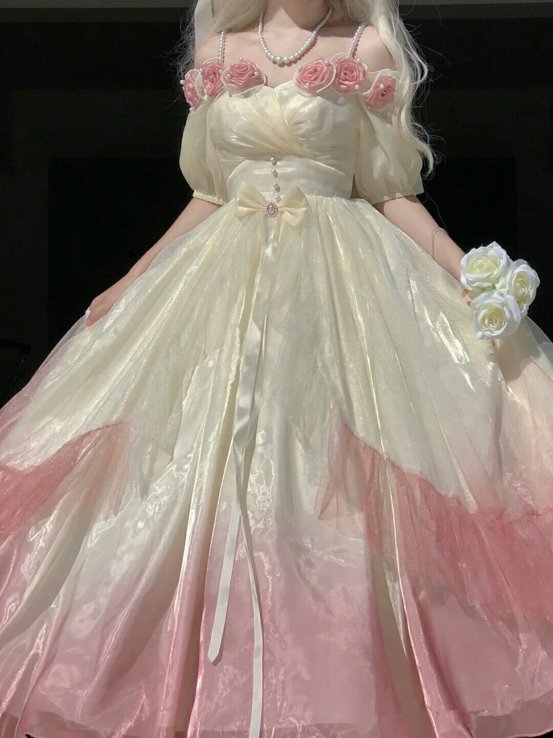 Vestido de fiesta de máscaras con flores rosas, vestido de novia floral degradado rosa champán, vestido de princesa vintage con perlas Y2401
