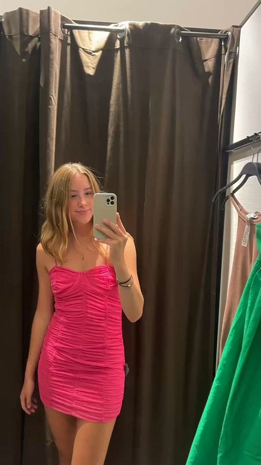 Spaghettiträger Hot Pink Homecoming Kleid, Hot Pink Bodycon Kleid Y2272