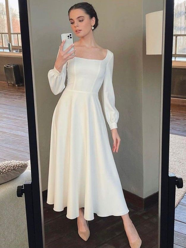 Vestido de novia clásico blanco con escote cuadrado, vestido de compromiso blanco Y5479