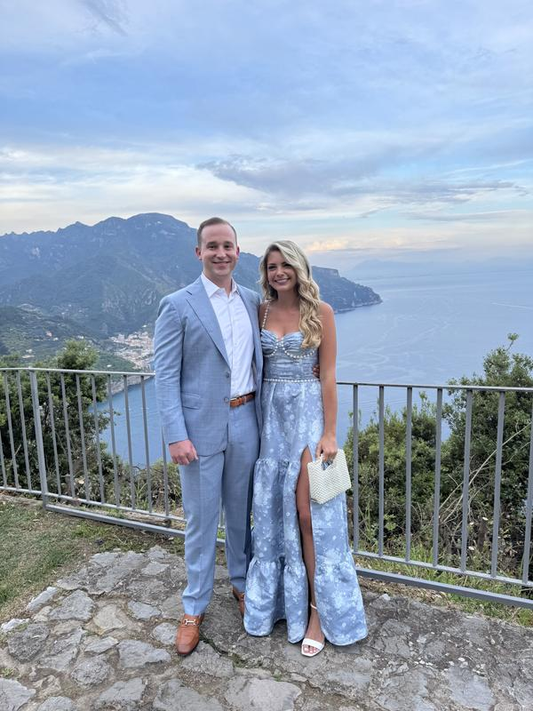 Elegante vestido de noche de satén azul con estampado floral, perlas escalonadas y cuentas, corte en A, para fiesta y graduación, Y8461