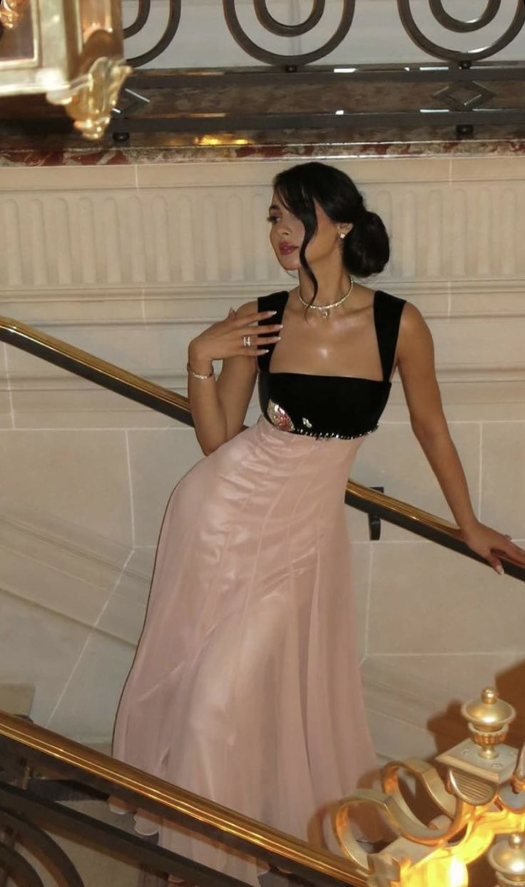 Elegante vestido de fiesta con tirantes finos, rosa, corte A, vestido de noche largo Y7900