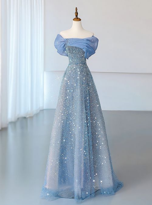 Vestido de noche de tul azul con lentejuelas y hombros descubiertos, corte en A, plisado, Y8041