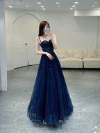 Elegante vestido de fiesta azul marino con tirantes finos de tul y corte en A, vestido de noche formal Y6776