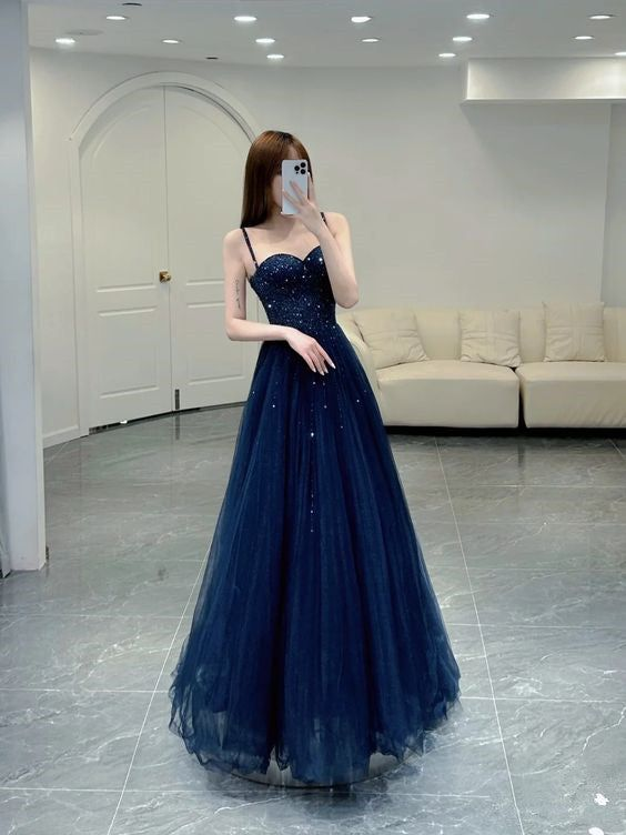 Elegante vestido de fiesta azul marino con tirantes finos de tul y corte en A, vestido de noche formal Y6776