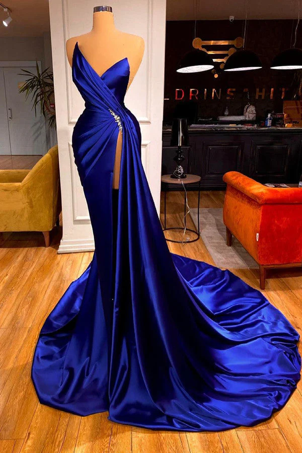 Elegantes vestidos de noche azul real modestos Y4193