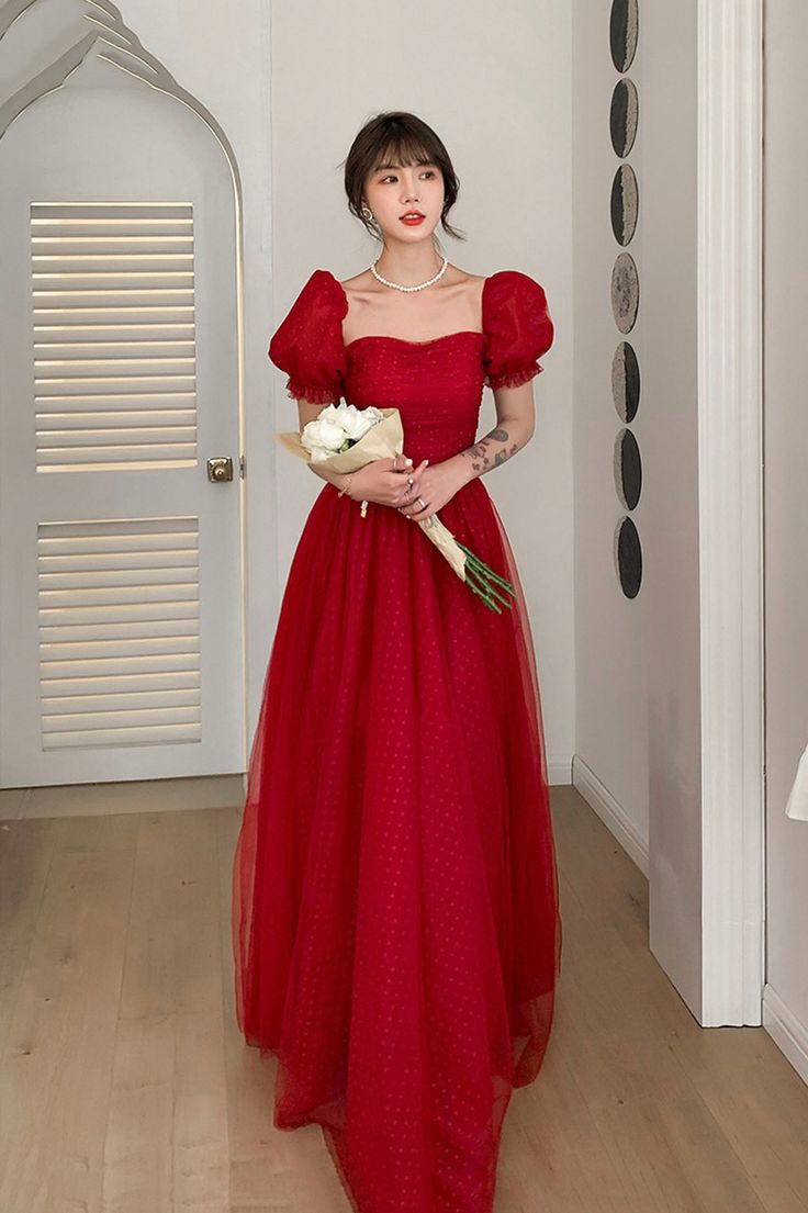 Pretty Red Tulle A Line Prom Dress Long Evening Dress Y7771