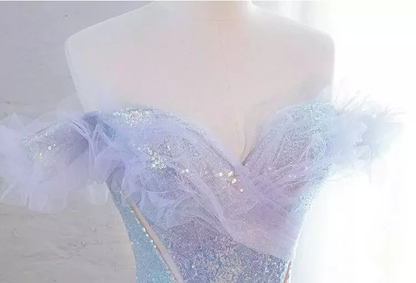 Purple Off Shoulder Sequin Tulle Long Prom Dress Purple Formal Evening Dresses Y4659