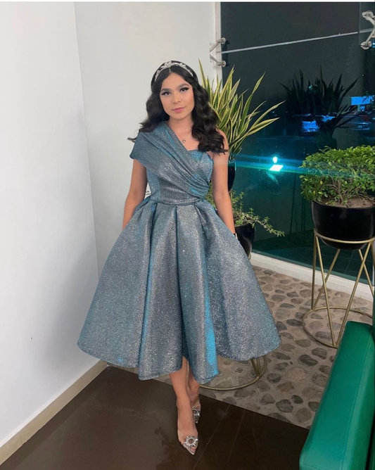 Glänzend Blau One-Shoulder Midi Abendkleid Y4970