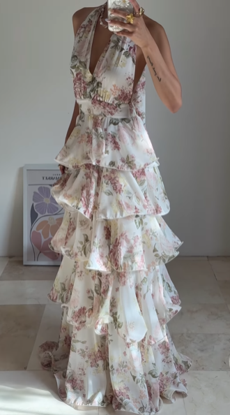 Vestido de fiesta glamuroso de gasa con estampado floral, corte A, espalda descubierta, escote en V, vestido de noche con capas Y8501