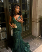 Vestido de noche elegante de sirena verde brillante Y4721