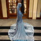 Wunderschönes blaues Satin-Abendkleid mit Perlenapplikationen, sexy, rückenfreies Meerjungfrau-Abendkleid Y7949