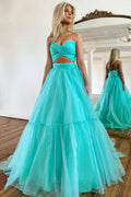 Vestido largo formal de tul verde menta con hombros descubiertos y corte A PSK452
