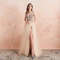 V Neck Evening Dresses with 2 Slits Sexy Backless Crystal Beaded Champagne Formal Prom Gown-payinti