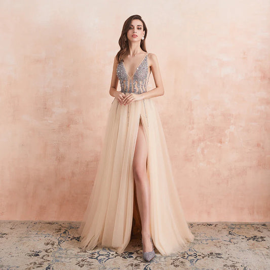 V Neck Evening Dresses with 2 Slits Sexy Backless Crystal Beaded Champagne Formal Prom Gown-payinti